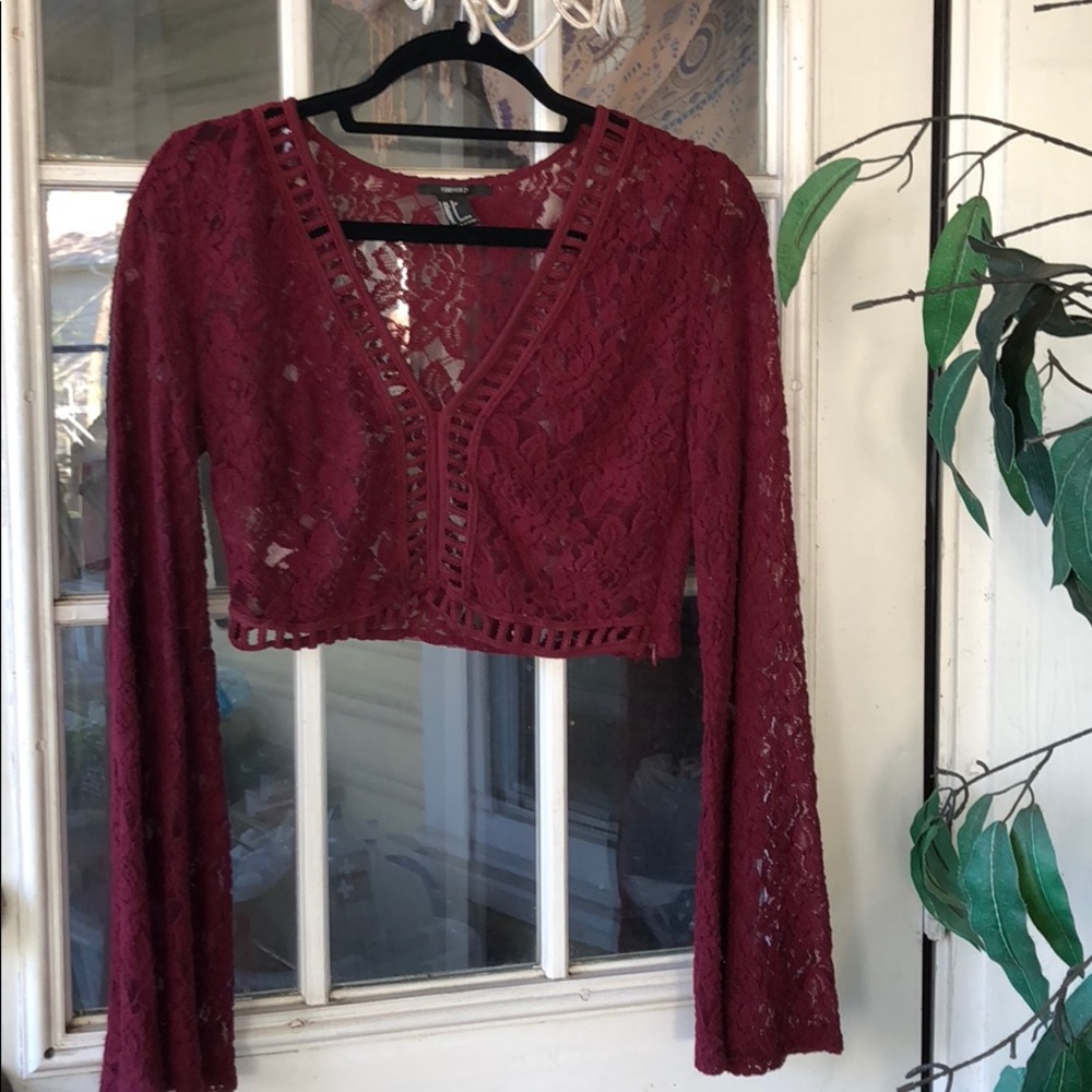 Burgundy Flare Sleeve Lace Mini Top